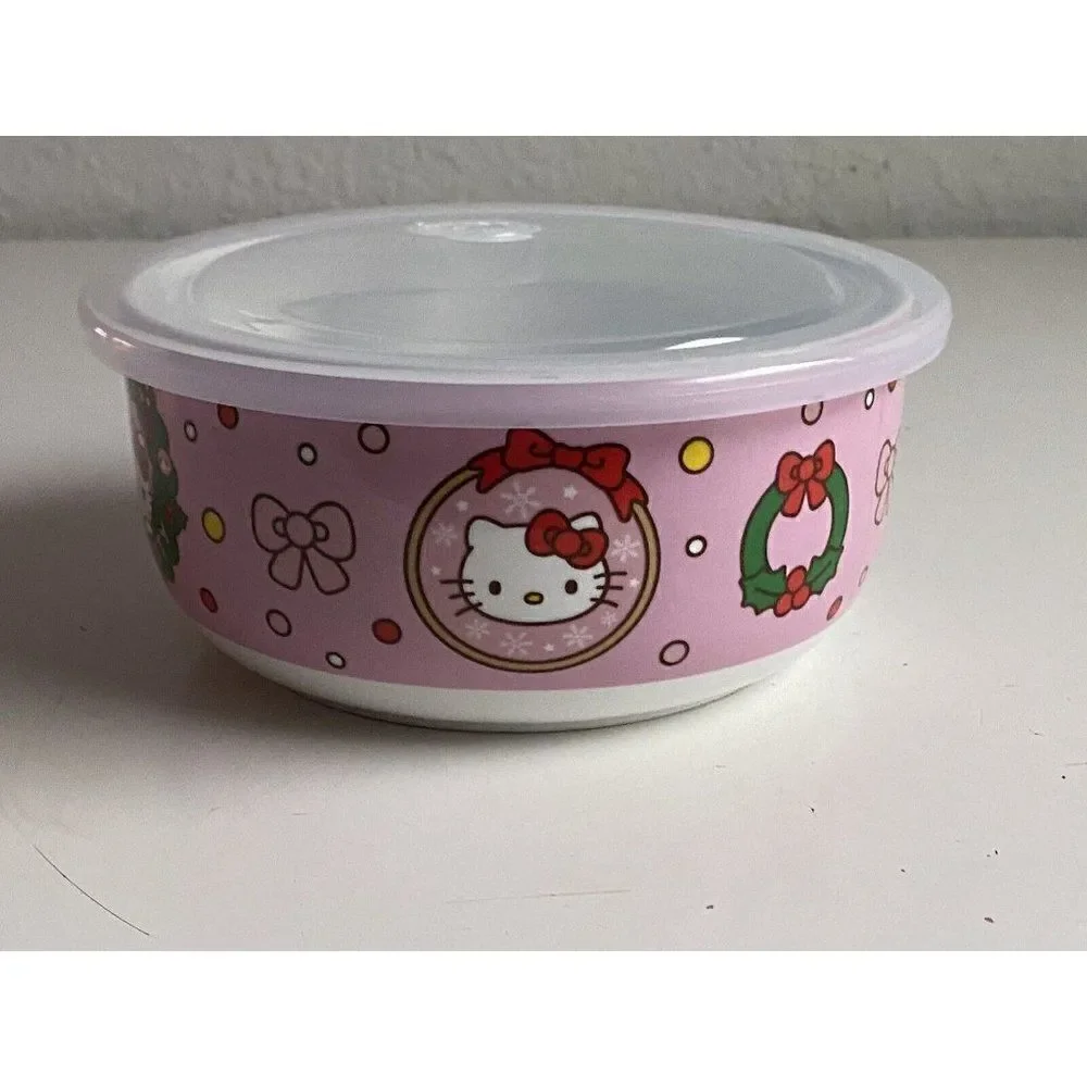 Hello‎ Kitty Christmas Pressure Lid Ceramic Food Storage Bowl Pink LARGE NEW